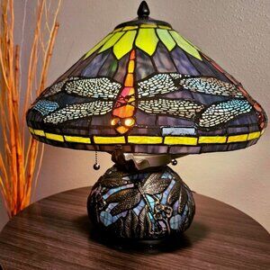Tiffany Style Vivid Dragonfly Stained Glass Table Lamp /w/ Elegant Mosaic Base